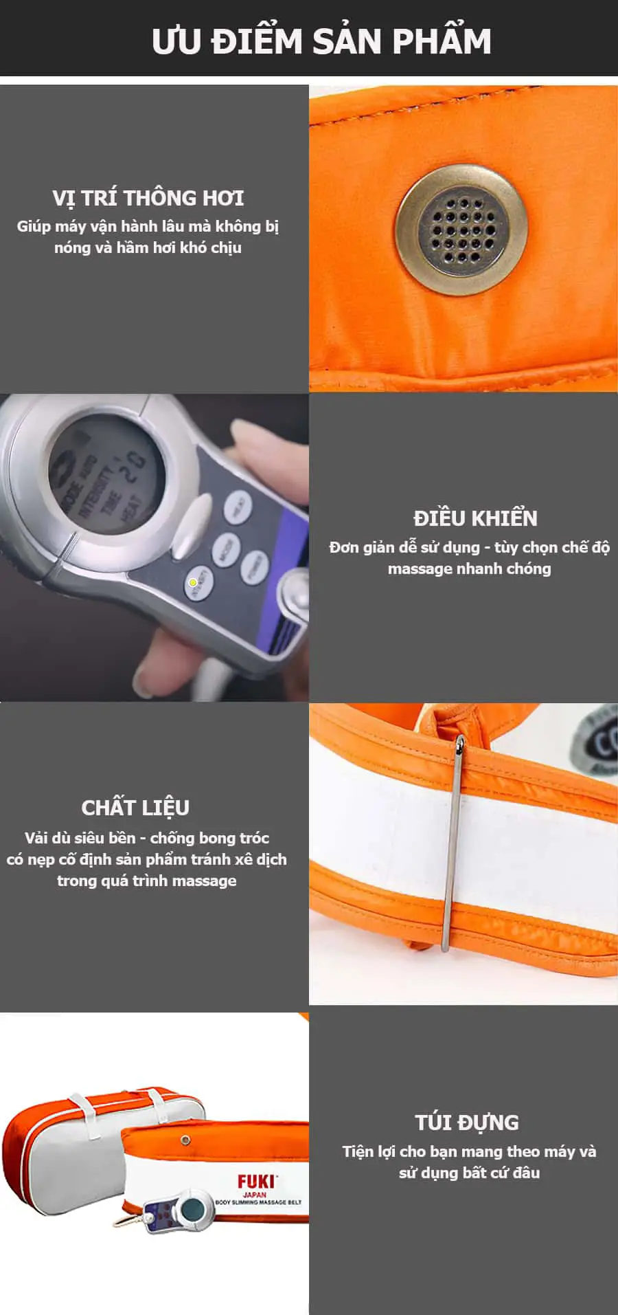 Máy massage bụng FUKI FK90 Vải Dù Siêu Bền dòng cao cấp (màu cam)
